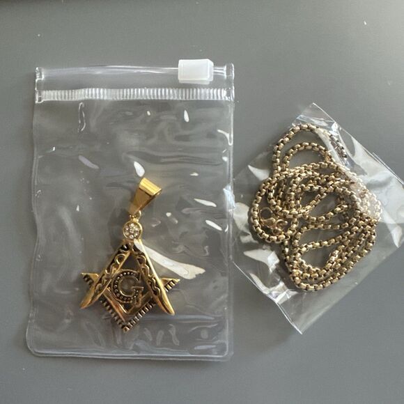 Men's Free Mason Stainless Steel Freemason Symbol Masonic Pendant Chain Gold - Picture 6 of 6